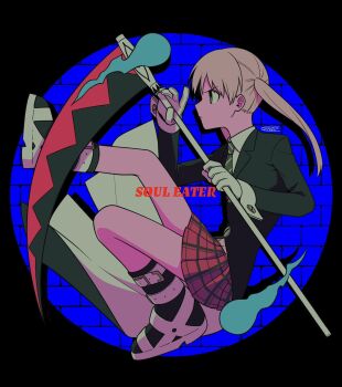 Rule 34 | 1girl, black jacket, blonde hair, boots, brick wall, from side, full body, gloves, highres, hitodama, holding, holding scythe, jacket, maka albarn, menma (enaic31), miniskirt, plaid clothes, plaid skirt, profile, red skirt, scythe, shadow, signature, skirt, solo, soul eater, spotlight, twintails, white gloves