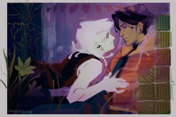 Rule 34 | 2boys, arched back, bags under eyes, bent over, black eyes, black hair, black shirt, black tank top, border, coat, commentary, curtained hair, earrings, expressionless, face piercing, facial hair, fern, flower, food print, fruit print, fur collar, glowing, goatee stubble, grate, hand on another's stomach, highres, hoop earrings, jewelry, lily (flower), lip piercing, male focus, markkrpg, multiple boys, orange coat, original, outside border, piercing, plant, reaching, reaching towards another, shirt, strawberry print, stubble, stud earrings, untranslatable commentary, tank top, white border, white hair