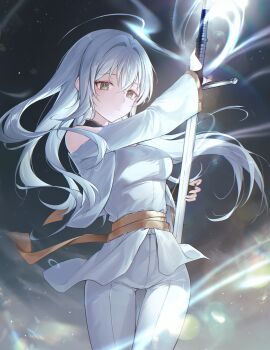 1girl ahoge bridal_gauntlets closed_mouth commentary cowboy_shot english_commentary floating_hair green_eyes hair_intakes heeri highres holding holding_sword holding_weapon long_hair long_sleeves open_clothes open_vest original pants shirt solo standing sword thigh_gap vest weapon white_hair white_pants white_shirt white_vest