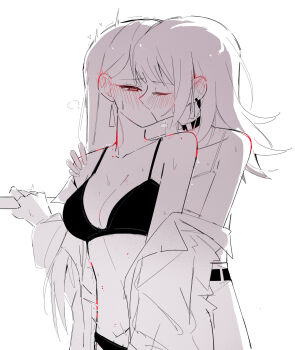 2girls bang_dream! bang_dream!_it&#039;s_mygo!!!!! bite_mark bite_mark_on_breast bite_mark_on_shoulder blush bra breasts camisole cleavage closed_eyes commentary_request ear_blush earrings greyscale half-closed_eyes hand_on_another&#039;s_shoulder highres jewelry kiss long_hair long_sleeves medium_breasts monochrome multiple_girls off_shoulder shiina_taki skirt spot_color sweat underwear yahata_umiri yuri zikiki1092
