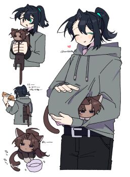 2boys animal animal_ears animal_in_clothes belt black_belt black_hair black_pants cat_ears cat_tail commentary full-stop_office_(identity)_(project_moon) grey_hoodie heathcliff_(project_moon) high_ponytail highres hong_lu_(project_moon) hood hoodie limbus_company multiple_boys nantekottawo!! pants pocket ponytail project_moon simple_background symbol-only_commentary tail tail_wagging white_background