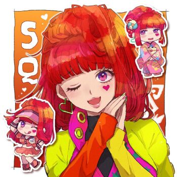 1girl alternate_costume asymmetrical_sleeves blunt_bangs bodysuit chibi chiimako commentary_request earrings fingernails gnosia green_jacket hair_bun heart heart_earrings heart_tattoo high_ponytail jacket jewelry lipstick long_sleeves looking_at_viewer makeup mismatched_sleeves multiple_views nail_polish pink_eyes ponytail red_hair single_hair_bun sq_(gnosia) star_(symbol) tattoo turtleneck upper_body