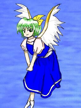 Rule 34 | blue dress, daiyousei, dress, fairy, fairy wings, green hair, hair tie, lake, misty lake, socks, third-party edit, touhou, traced, water, wings, zun (artist), zun (style)