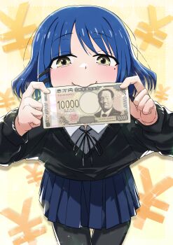 10000_yen_note 1girl black_ribbon black_sweater blue_hair blue_skirt blush bocchi_the_rock! cowboy_shot hair_ornament hairclip highres holding holding_money leaning_forward long_sleeves looking_at_viewer mole mole_under_eye money money_in_mouth pantyhose parallel_hairclips pleated_skirt puchikun raised_eyebrows ribbon shirt short_hair skirt solo sparkle sweater white_shirt yamada_ryo yellow_background yellow_eyes yen_sign