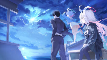 Rule 34 | 1boy, 2girls, absurdres, arona (blue archive), belt, black belt, black boots, black coat, black hair, black headband, black pants, black pantyhose, black sailor collar, black serafuku, black skirt, black suit, blue archive, blue hair, blue halo, blue shirt, boots, classroom, cloud, coat, colored inner hair, commentary request, cropped shirt, floating clothes, floating hair, formal clothes, from behind, halo, hand in pocket, headband, highres, iv (iv70311741), jacket, layered sleeves, long hair, looking ahead, multicolored hair, multiple girls, ocean, on table, pants, pantyhose, pink hair, pink halo, plana (blue archive), pleated skirt, sailor collar, school uniform, sensei (blue archive), serafuku, shirt, short hair, skirt, sky, standing, star (sky), suit, suit jacket, table, white hair, white headband, white sailor collar, white shirt, white skirt, wooden table