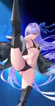 1girl absurdres bare_shoulders bikini black_bikini black_jacket blue_eyes blue_ribbon breasts fate/grand_order fate_(series) hair_ribbon highres jacket long_hair long_sleeves looking_at_viewer meltryllis meltryllis_(fate) meltryllis_(swimsuit_lancer)_(fate) meltryllis_(swimsuit_lancer)_(first_ascension)_(fate) navel off_shoulder prosthesis prosthetic_leg purple_hair ribbon shiro_font sleeves_past_fingers sleeves_past_wrists small_breasts smile solo split spread_legs standing standing_on_one_leg standing_split swimsuit thighs very_long_hair