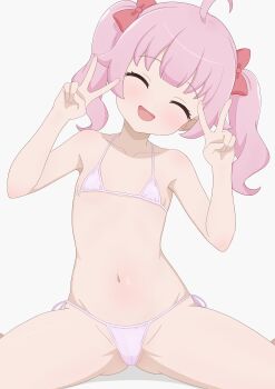 1girl :d ^_^ ahoge aozora_himari bikini blunt_bangs blush bow breasts cameltoe closed_eyes collarbone double_v facing_viewer flat_chest grey_background groin hair_bow hands_up head_tilt himitsu_no_aipri loli long_hair micro_bikini moke_(moke_dayo) navel open_mouth pink_bikini pink_hair pretty_series red_bow side-tie_bikini_bottom simple_background sitting small_breasts smile solo spread_legs stomach swimsuit thighs twintails v wariza white_background white_bikini