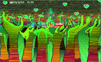 1boy bad_id bad_twitter_id character_request copyright_request cross disembodied_hand glitch heart highres male_focus pixel_heart short_hair smile standing static timestamp zashima