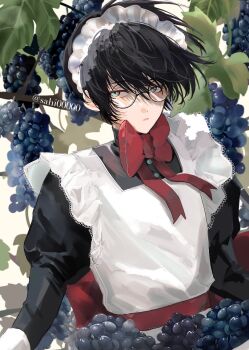 1boy apron aqua_eyes black_hair black_shirt bow bowtie commentary_request crossdressing crossdressing_(mtf) food fruit glasses grapes hair_between_eyes highres juliet_sleeves long_sleeves looking_at_viewer maid maid_apron male_focus male_maid original parted_lips plant puffy_sleeves red_bow red_bowtie round_eyewear sahi00000 shirt short_hair solo swept_bangs upper_body white_apron
