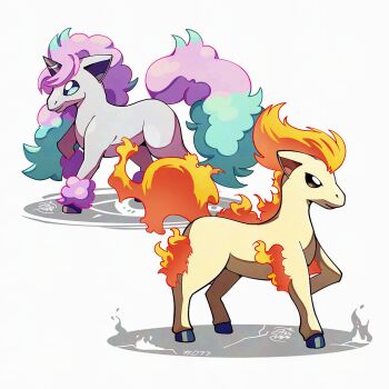 Rule 34 | blue hair, fire, from side, full body, galarian form, galarian ponyta, gen 1 pokemon, gen 8 pokemon, hooves, horns, mistray-art, multicolored hair, nintendo, no humans, numbered, pink hair, pokemon, pokemon (creature), pony (animal), ponyta, regional and normal, shirt, signature, simple background, single horn, tail, two-tone hair, unicorn, white background, white fur, white shirt