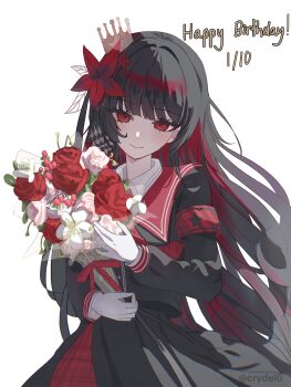 1girl absurdres black_hair black_shirt black_skirt blunt_bangs bouquet closed_mouth collared_shirt commentary_request cowboy_shot crown crydel flower hair_flower hair_ornament happy_birthday highres holding holding_bouquet long_hair long_sleeves looking_at_viewer mahou_shoujo_no_majo_saiban nikaido_hiro pleated_skirt red_eyes red_flower red_rose rose shirt simple_background skirt smile solo standing white_background white_flower