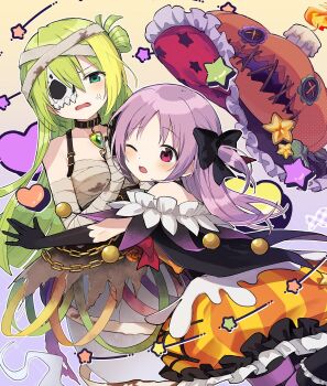 2girls alina_gray alina_gray_(halloween_ver.) bandaged_arm bandaged_head bandages bare_shoulders black_gloves blonde_hair boyano bubble_skirt choker commentary_request cowboy_shot ghost_tail gloves green_eyes green_hair hair_rings half_mask halloween_costume heart highres jack-o&#039;-lantern_hat long_hair looking_at_another magia_record:_mahou_shoujo_madoka_magica_gaiden magical_girl mahou_shoujo_madoka_magica mask mask_over_one_eye misono_karin misono_karin_(halloween_ver.) multiple_girls official_alternate_costume one_eye_closed open_mouth pumpkin_hat purple_hair pushing_away sarashi single_hair_ring skirt skull_mask star_(symbol) sweatdrop