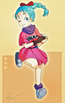 Rule 34 | 1girl, blue eyes, blue hair, braid, braided ponytail, bulma, dragon ball, dress, female focus, gloves, hair ornament, hair ribbon, lord philman, matching hair/eyes, one eye closed, pink dress, ponytail, ribbon, scarf, shoes, simple background, smile, sneakers, solo