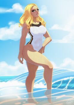1girl alternate_costume alternate_hairstyle beach blonde_hair blue_eyes breasts cloud feet kolin lips medium_hair navel ocean one-piece_swimsuit parted_lips sky solo street_fighter street_fighter_v swimsuit thighs tovio_rogers two-tone_swimsuit water