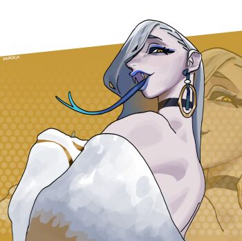 1girl blue_tongue colored_tongue commentary english_commentary fate_(series) forked_tongue highres long_hair looking_at_viewer mrs._snake_(fate) savadava slit_pupils snake_girl solo sweater tongue tongue_out white_sweater yellow_eyes