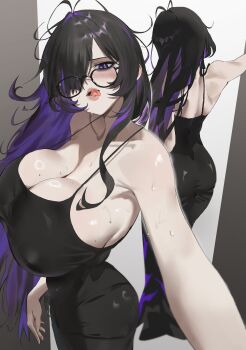 1girl absurdres antenna_hair back bare_shoulders black-framed_eyewear black_hair blush breasts cleavage colored_inner_hair covered_erect_nipples dress glasses goddess_of_victory:_nikke hair_over_one_eye hashtag-only_commentary highres huge_breasts label_(nikke) long_hair mole mole_on_breast multicolored_hair multiple_views open_mouth pale_skin purple_eyes purple_hair sideboob sweat tabulagami taut_clothes taut_dress tongue tongue_out very_long_hair