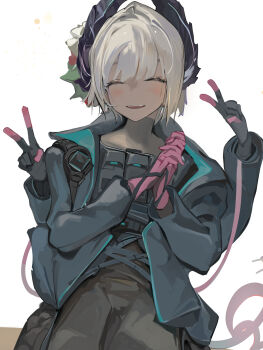 1girl arknights armor black_shirt blue_jacket brown_pants closed_eyes commentary cowboy_shot dark-skinned_female dark_skin double_v extra_arms facing_viewer feathers highres jacket open_mouth own_hands_clasped own_hands_together pants raidian_(arknights) shirt short_hair sinoda smile solo tail v white_hair