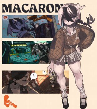 !? 2girls ? absurdres between_fingers black_shoes breasts breath brown_sweater character_name cigarette cleavage closed_eyes earphones earrings full_body half-closed_eyes hand_on_own_hip highres holding holding_cigarette indoors jewelry keziedra long_eyelashes long_hair long_sleeves looking_at_another looking_at_viewer looking_back low_ponytail macaron_(keziedra) mary_janes multi-tied_hair multiple_girls multiple_views orange_eyes orange_outline original outdoors outline pale_skin parted_bangs parted_lips pleated_skirt ponytail puffy_long_sleeves puffy_sleeves shoes skirt socks solo_focus sphere_earrings spiral_staircase spoken_food spoken_interrobang spoken_object spoken_question_mark stairs stairwell standing subway subway_station sweater tapioca_(keziedra) tongue tongue_out triangle_earrings v-shaped_eyebrows white_hair white_socks wide-eyed