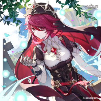 Rule 34 | 1girl, absurdres, closed mouth, cloud, commentary, elbow gloves, english commentary, falling petals, genshin impact, gloves, hair between eyes, hand up, highres, looking to the side, nun, official alternate costume, official art, outdoors, petals, red eyes, red hair, rosaria (genshin impact), rosaria (to the church's free spirit) (genshin impact), short hair, smile, solo, white gloves