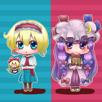 Rule 34 | 2girls, alice margatroid, blonde hair, blue bow, blue dress, blue eyes, blunt bangs, blush, book, boots, bow, brown boots, capelet, chibi, chibi only, commentary request, crescent, crescent hat ornament, doll, dress, full body, hair bow, hairband, hat, hat ornament, holding, holding book, lace-trimmed hairband, lace-up boots, lace trim, long hair, long sleeves, looking at viewer, mob cap, multiple girls, nanai07, open mouth, outline, own hands together, patchouli knowledge, pink dress, pink hat, purple dress, purple eyes, purple hair, red bow, red hairband, red scarf, scarf, shanghai doll, shoes, short hair, standing, striped clothes, striped dress, touhou, very long hair, white capelet, white outline, white shoes