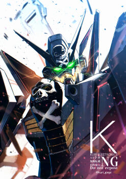 commentary_request crossbone_gundam crossbone_gundam_x-1 crossbone_gundam_x-1_full_cloth crossbone_vanguard glowing glowing_eyes green_eyes gundam highres kuri_giepi light_particles looking_at_viewer mecha mecha_focus mobile_suit no_humans robot science_fiction skull_and_crossbones solo twitter_username upper_body v-fin