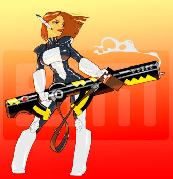 1girl breasts commission covered_navel full_body gloves gradient_background gun holding holding_gun holding_weapon large_breasts lips looking_to_the_side orange_hair original skin_tight smoke smoking_barrel solo standing sykosan weapon white_gloves