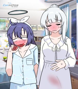 2girls berman_kurama blood blood_on_clothes blood_on_face blue_archive blue_hair blush derivative_work full-face_blush halo height_difference implied_after_cunnilingus implied_cunnilingus implied_yuri long_hair menstruation messy_hair multiple_girls noa_(blue_archive) noa_(pajamas)_(blue_archive) pajamas ponytail white_hair yuuka_(blue_archive) yuuka_(pajamas)_(blue_archive)