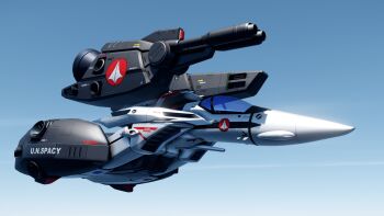 3d blue_sky choujikuu_yousai_macross commentary_request energy_cannon flying gunpod highres macross macross:_do_you_remember_love? mecha mei_(gajira) missile_pod no_humans realistic robot roundel science_fiction sky thrusters u.n._spacy vf-1 vf-1_strike vf-1a