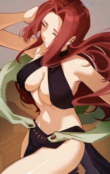 Rule 34 | 1girl, absurdres, breasts, closed eyes, dancing, esche (isekai shikkaku), highres, isekai shikkaku, knowname, large breasts, long hair, navel, pelvic curtain, red hair, revealing clothes, solo, underboob