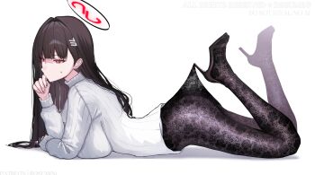1girl ass black_hair black_halo black_pantyhose blue_archive breasts commentary_request halo high_heels highres lace_pantyhose lace_pantyhose_hooked_on_heel_(meme) large_breasts long_hair lying meme on_stomach pantyhose red_eyes rio_(blue_archive) rosumini simple_background solo sweater turtleneck turtleneck_sweater very_long_hair white_background white_sweater