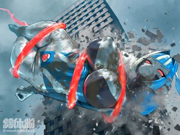 Rule 34 | 1girl, altina earth, blue hair, breasts, building, city, clenched hands, commentary request, energy drain, from below, giant, giantess, kaiju, nikunopengin, original, rubble, skyscraper, twitter username, ultra series