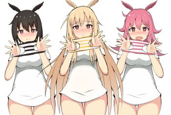 3girls :d absurdres black_hair black_wings blush breasts brown_wings closed_mouth commentary_request fate/grand_order fate_(series) feathered_wings hair_between_eyes hands_up head_wings highres hildr_(fate) holding holding_unworn_clothes holding_panties holding_underwear holding_unworn_clothes light_brown_hair long_hair medium_breasts mitchi multiple_girls nose_blush open_mouth ortlinde_(fate) panties parted_lips pink_hair pink_wings presenting_removed_panties shirt short_sleeves simple_background smile striped_clothes striped_panties sweat thrud_(fate) underwear unworn_panties valkyrie_(fate) very_long_hair white_background white_shirt wings