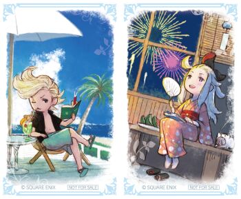 1boy 1girl :d black_shirt blonde_hair blue_eyes book bravely_default:_flying_fairy bravely_default_(series) commentary_request copyright_notice drinking drinking_straw earrings edea_lee fireworks green_sandals green_shorts grey_eyes hand_fan highres holding holding_book ikusy japanese_clothes jewelry kimono long_hair not_for_sale official_art open_book open_clothes open_mouth open_shirt paper_fan pink_kimono ringabel sandals shirt short_hair shorts sitting smile split_screen teeth uchiwa upper_teeth_only yukata