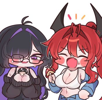 2girls ^^^ ^_^ antenna_hair black_dress black_hair black_jacket blue_shirt blush breasts cleavage closed_eyes colored_inner_hair commentary_request double-parted_bangs dress fang food_bite glasses goddess_of_victory:_nikke hair_intakes hair_over_one_eye hand_on_own_hip hand_up hands_up hashtag-only_commentary highres holding holding_mushroom jacket jewelry korean_commentary label_(nikke) large_breasts long_hair midriff mixed-language_commentary mming_(mmingis18) multicolored_hair multiple_girls mushroom navel necklace off_shoulder official_alternate_costume open_clothes open_jacket open_mouth open_shirt parted_bangs partially_unbuttoned ponytail purple_eyes purple_hair red_hair red_hood_(nikke) red_hood_(retro_days)_(nikke) shirt shorts sidelocks simple_background smile spaghetti_strap sweat tank_top very_long_hair wavy_mouth white_background