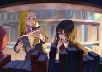 2girls absurdres black_hair black_hairband black_jacket black_skirt blonde_hair blush book collared_shirt commentary hairband highres holding holding_book jacket kirarazaka_marina kuze_shizuka kyo_no_neko library light_particles long_hair medium_hair multiple_girls neck_ribbon open_mouth parted_lips pleated_skirt red_ribbon ribbon school_uniform shirt skirt smile sweat takopii_no_genzai white_shirt yellow_eyes