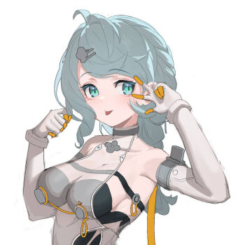 1girl alternate_breast_size_(larger) bare_shoulders birkai blue_eyes blue_hair blush braid braided_ponytail breasts clothing_cutout collarbone commentary commentary_request detached_sleeves english_commentary gloves hair_ornament hairpin hands_up long_hair medium_breasts mixed-language_commentary see-through_dress_layer seed_(zenless_zone_zero) side_cutout simple_background solo tongue tongue_out upper_body w w_over_eye white_background white_gloves zenless_zone_zero