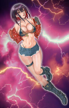 1girl 3hgdatunuri absurdres armpit_crease bare_shoulders bikini bob_cut boots breasts brown_hair cleavage collarbone crop_top cropped_jacket denim denim_shorts gloves halterneck hands_up highleg highleg_panties highres jacket large_breasts lightning looking_at_viewer ming_(strinova) multicolored_hair open_clothes open_jacket panties parted_lips red_hair short_shorts shorts solo strinova swimsuit thigh_strap thighs underwear