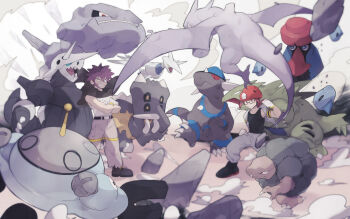 2boys absurdres aerodactyl aggron baggy_pants bastiodon belt black_boots black_shirt boots byron_(pokemon) cape commentary_request crossed_arms father_and_son gen_1_pokemon gen_2_pokemon gen_3_pokemon gen_4_pokemon glasses gloves golem_(pokemon) grey_jacket grey_pants grin helmet highres jacket magnezone male_focus mimura_(nnnnnnnnmoo) multiple_boys nintendo pants pokemon pokemon_(creature) pokemon_dppt probopass rampardos red_eyes red_hair red_helmet roark_(pokemon) shirt short_sleeves skarmory smile spiked_hair steelix tyranitar white_gloves white_shirt