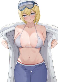 absurdres blonde_hair bra breasts fiftya girls&#039;_frontline girls&#039;_frontline_2:_exilium highres jacket large_breasts looking_at_viewer micro_bra mosin-nagant_(girls&#039;_frontline) mosin-nagant_(siberian_slide)_(girls&#039;_frontline_2) open_clothes open_jacket underwear