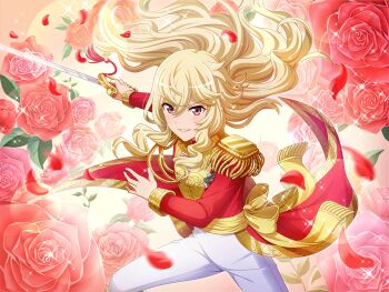 1girl blonde_hair cosplay epaulettes floating_hair flower game_cg hair_between_eyes holding holding_sword holding_weapon jacket long_hair long_sleeves looking_at_viewer official_art oscar_francois_de_jarjayes oscar_francois_de_jarjayes_(cosplay) pants parted_lips red_eyes red_flower red_jacket red_rose rose saijou_claudine shoujo_kageki_revue_starlight shoujo_kageki_revue_starlight_-re_live- solo sword upper_body v-shaped_eyebrows versailles_no_bara weapon white_pants