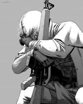 1boy absurdres ar-15 assault_rifle coat crying decomposedtaco english_text fallout fallout:_new_vegas gloves greyscale gun highres leaning_on_weapon magazine_(weapon) male_focus monochrome randall_clark rifle solo tears trench_coat weapon