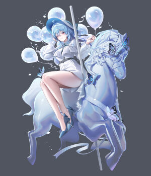 1girl absurdres ahoge alternate_costume balloon blue_butterfly blue_hair blue_nails blue_shoes breasts bug butterfly closed_mouth colored_eyelashes commentary_request confetti dress fingernails full_body grey_background hair_between_eyes hair_intakes high_heels highres insect korean_commentary large_breasts long_hair looking_at_viewer medium_breasts nail_polish purple_eyes raki_kr shoes shorekeeper_(wuthering_waves) sitting smile solo thighs white_dress wuthering_waves