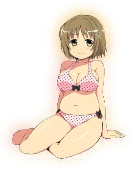Rule 34 | 1girl, absurdres, bare shoulders, black bow, blush, bow, bow bra, bow panties, bra, breasts, brown eyes, brown hair, cleavage, closed mouth, collarbone, commentary request, eyelashes, flower, full body, hair flower, hair ornament, halftone, hand on floor, highres, idolmaster, idolmaster cinderella girls, kamata yuuya, large breasts, looking at viewer, medium breasts, mimura kanako, navel, panties, partial commentary, pink bra, pink panties, plump, polka dot, polka dot bra, polka dot panties, short hair, sitting, smile, solo, thick thighs, thighs, underwear, underwear only, white background, yokozuwari