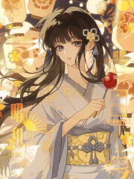 Rule 34 | 1girl, absurdres, black hair, candy apple, collarbone, flower knot, food, grey kimono, hair ornament, hand up, highres, holding, holding candy apple, holding food, inuyasha, japanese clothes, kikyou (inuyasha), kimono, lantern, long hair, long sleeves, looking at viewer, night, obi, obiage, obijime, outdoors, paper lantern, parted lips, purple eyes, sash, sidelocks, solo, tassel, tassel hair ornament, upper body, watermark, wide sleeves, youhai huizi