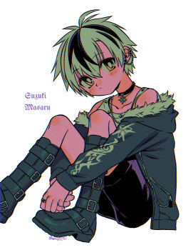 1boy black_boots black_choker black_hair black_jacket black_shorts boots bright_pupils brown_eyes character_name choker closed_mouth collarbone ear_piercing hair_between_eyes highres hood hooded_jacket jacket knee_boots looking_at_viewer male_focus menma_(enaic31) multicolored_hair nijisanji open_clothes open_jacket piercing short_hair shorts simple_background sitting solo suzuki_masaru two-tone_hair virtual_youtuber white_background white_hair white_pupils
