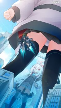 2girls aqua_halo aris_(armed)_(blue_archive) aris_(blue_archive) artist_name black_hair black_hairband black_jacket black_skirt black_thighhighs blue_archive blue_eyes blue_necktie blue_sky building city commentary english_commentary from_below giant giantess hair_between_eyes hairband halo highres jacket kei_(blue_archive) kei_(new_body)_(blue_archive) kelerst long_hair long_hair_between_eyes mecha_musume mechanical_wings multiple_girls necktie official_alternate_costume outdoors panties pantyshot pink_halo railgun rectangular_halo red_eyes reflection skirt sky standing thighhighs twintails underwear upskirt very_long_hair white_hair white_panties wings