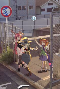 3girls animal_ears black_leotard black_souls black_souls_2 boots brown_boots brown_shoes commentary dormouse_(black_souls) double_v full_body green_vest grey_hat hat hatter_(black_souls) heart high_school_girls_posing_for_google_street_view_(meme) highres leotard long_hair march_hare_(black_souls) meme mouse_ears mouse_girl mouse_tail multiple_girls open_mouth outdoors pink_hair puffy_short_sleeves puffy_sleeves purple_skirt rabbit_ears sasa_sou shirt shoes short_sleeves skirt smile socks tail v very_long_hair vest white_shirt white_socks