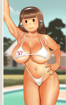 1girl absurdres bikini bikini_top_only blue_sky blunt_bangs blurry blurry_background breasts brown_hair cloud commentary_request contrapposto cowboy_shot hand_on_own_hip headphones hedge highres house huge_breasts long_hair mob_face narisokonai navel original pool sky slingshot_swimsuit solid_oval_eyes solo swimsuit tree white_bikini white_slingshot_swimsuit yahoo!