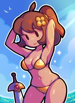 1girl ahoge arms_up ass_freckles bikini black_eyes body_freckles breasts brown_hair cleavage closed_mouth cloud collarbone cowboy_shot female_focus flower freckles freckles_on_breasts gold_bikini hair_flower hair_ornament hands_in_own_hair highres kalia3see navel original outdoors outline ponytail skindentation sky smile solo swimsuit sword water weapon white_outline yellow_flower