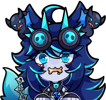 1girl animal_ears blue_eyes blue_hair blue_skin chibi colored_skin colored_tips commentary english_commentary fishnet_top fishnets goggles goggles_on_head highres indie_virtual_youtuber long_hair looking_at_viewer multicolored_hair scar scar_across_eye scar_on_face solo spite_(vtuber) tail virtual_youtuber white_background wolf_ears wolf_girl wolf_tail x3dustco